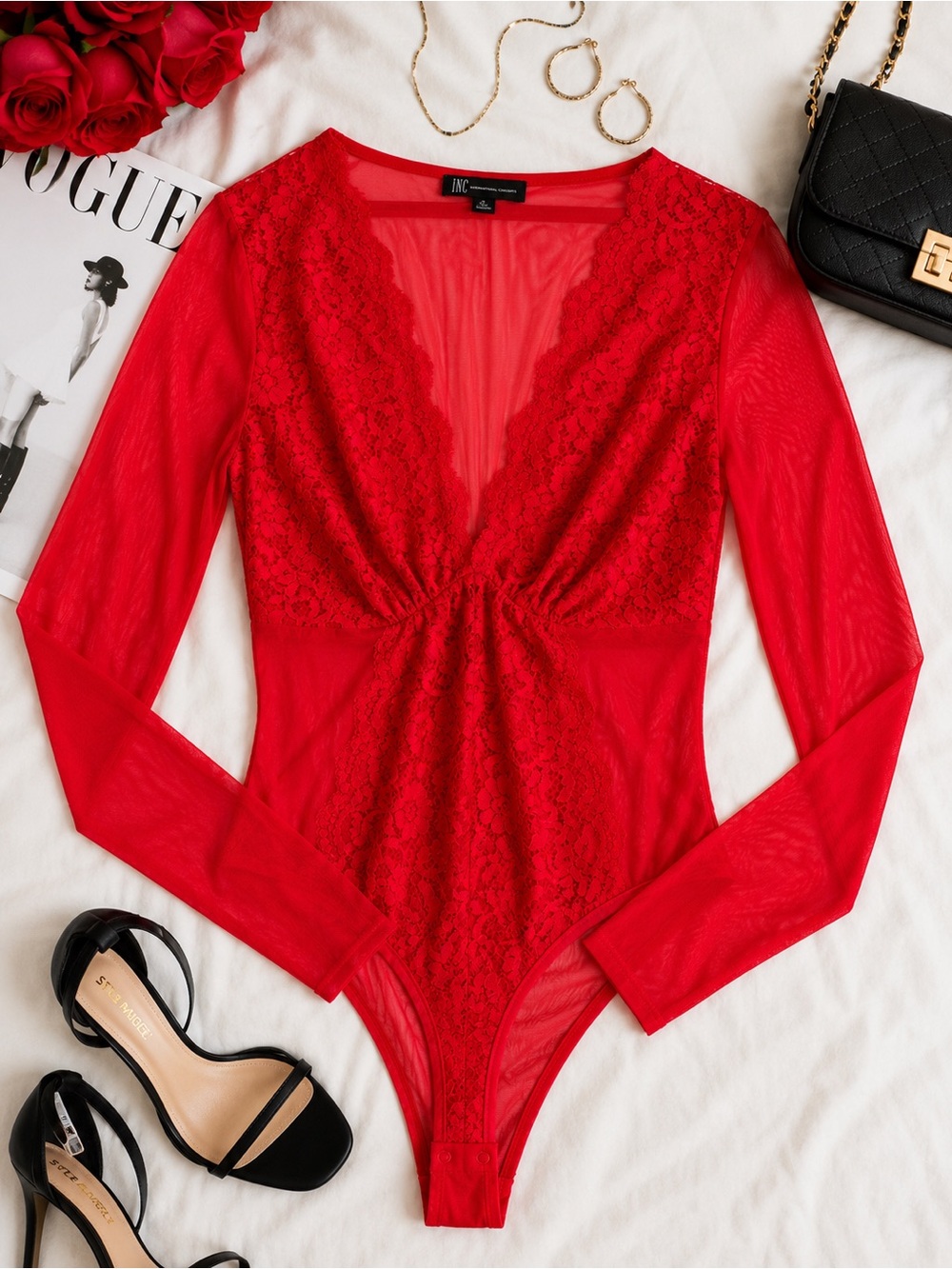 INC Red Lace Mesh Sheer Bodysuit Long Sleeve V Neck Lingerie Style Top Large
